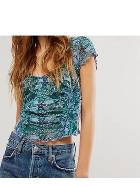 Free People Baby Tee Green Floral Ruched Square-Neck Crop Top
